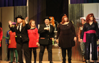 The Blues Brothers, an alien and woman in Starfleet uniforms, the woman in the black sparkly dress, the cowboy, and the woman in the black dress
       and red sash 
